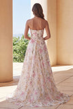 Sparkly Pink A-Line Strapless Sequin Floral Long Prom Dress