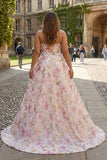 Sparkly Pink A-Line Strapless Sequin Floral Long Prom Dress
