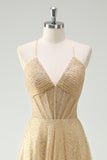 A Line Gold Sequin Spaghetti Straps Prom Dress With Slit