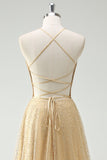 A Line Gold Sequin Spaghetti Straps Prom Dress With Slit