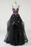 A Line Deep V Neck Black Long Prom Dress with Sequined Appliques