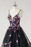 A Line Deep V Neck Black Long Prom Dress with Sequined Appliques