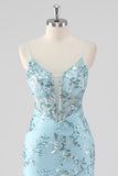 Sky Blue Mermaid Spaghetti Straps Sequin Corset Long Prom Dress with Ruffles