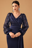 Navy Mermaid Sequins Long Sleeves Choir Dress with Side Cape