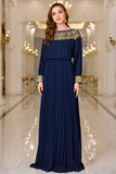 Navy Pleated A Line Boat Neck Long Prom Dress