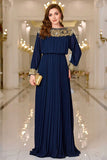 Navy Pleated A Line Boat Neck Long Prom Dress