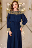 Navy Pleated A Line Boat Neck Long Prom Dress