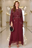 Sparkly Burgundy A Line Round Neck Long Sleeves Prom Dress