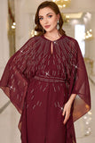 Sparkly Burgundy A Line Round Neck Long Sleeves Prom Dress