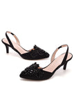 Black Rhinestone Heel Slingback Sandals Pointed Toe Slip On Block Heels