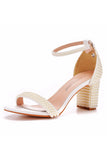 Ivory Open Toe Chunky Heel Shoes with Pearls