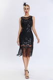 Black Sequined Bodycon 1920s Dress with Fringes