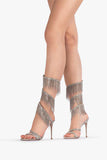 Sparkly Silver Beading Strappy Tassels Open Toe High Heels