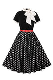 A Line Black Polka Dots Short Sleeves 1950s Dress with Belt