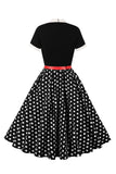 A Line Black Polka Dots Short Sleeves 1950s Dress with Belt