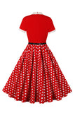 A Line Black Polka Dots Short Sleeves 1950s Dress with Belt