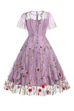 Apricot A Line Printed Tulle 1950s Dress with Short Sleeves