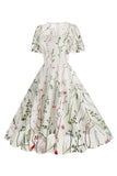 Apricot A Line Printed Tulle 1950s Dress with Short Sleeves