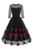 Black A Line Rose Floral 1950s Dress with Half Sleeves