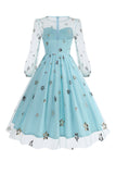 Floral Blue A Line 1950s Dress with Long Sleeves