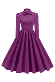 Purple Pleated Bow Tie 1950s Dress with Long Sleeves