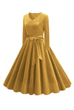 Yellow V Neck Pleated Long Sleeves 1950s Dress