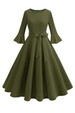 Dark Green Round Neck Pleated Long Sleeves 1950s Vintage Dress