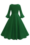 Dark Green Round Neck Pleated Long Sleeves 1950s Vintage Dress