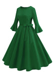 Dark Green Round Neck Pleated Long Sleeves 1950s Vintage Dress