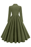 Army Green Notched Lapel Pleated 1950s Dress with Long Sleeves