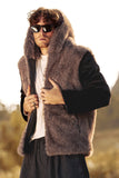 Fluffy Brown Faux Fur Long Sleeves Short Men's Coat with Hood