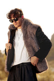 Fluffy Brown Faux Fur Long Sleeves Short Men's Coat with Hood