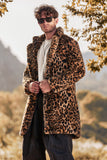 Brown Leopard Print Lapel Collar Faux Fur Mid-Length Men's Winter Coat