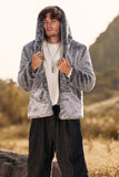 Grey Midi Shearling Men's Winter Coat with Hood