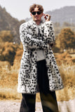 White Black Faux Fur Print Leopard Mid-Length Collar Men's Coat