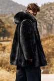 Black Puffy Long Sleeve Hooded Faux Fur Winter Men's Coat