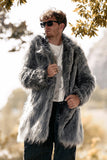 Grey Lapel Solid Color Faux Fur Long Sleeves Winter Men's Coat