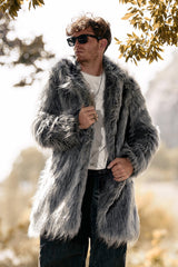 Zapaka Men's Coat Grey Lapel Solid Color Faux Fur Long Sleeves