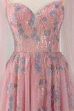 Pink A-Line Long Prom Dress with Appliques