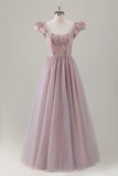 Grey Pink Floral A-Line Long Prom Dress with Short Sleeves