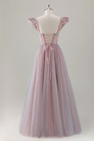 Grey Pink Floral A-Line Long Prom Dress with Short Sleeves