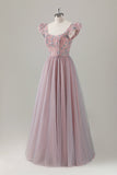 Grey Pink Floral A-Line Long Prom Dress with Short Sleeves