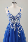 Royal Blue Ball-Gown Long Appliqued Prom Dress with Slit