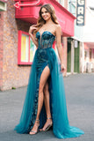 Peacock Blue Mermaid Streamer Strapless Corset Long Prom Dress with Slit