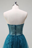 Sparkly Peacock Blue Mermaid Strapless Corset Long Prom Dress with Slit