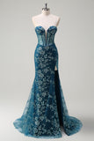 Sparkly Peacock Blue Mermaid Strapless Corset Long Prom Dress with Slit