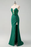 Sparkly Green Mermaid Strapless Corset Long Prom Dress with Slit