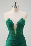 Sparkly Green Mermaid Strapless Corset Long Prom Dress with Slit