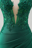 Sparkly Green Mermaid Strapless Corset Long Prom Dress with Slit