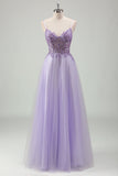 Sparkly Purple A-Line Spaghetti Straps Corset Long Prom Dress with Appliques